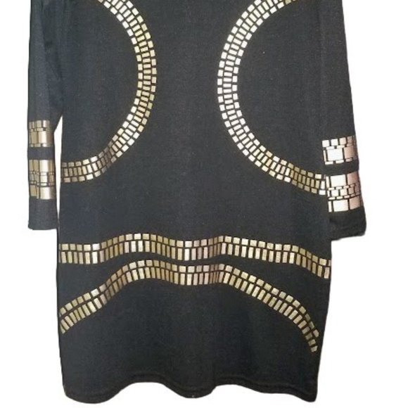 Black Midi Dress with Gold Decorative Design | Size XL | Stretch Fabric - Picture 6 of 15